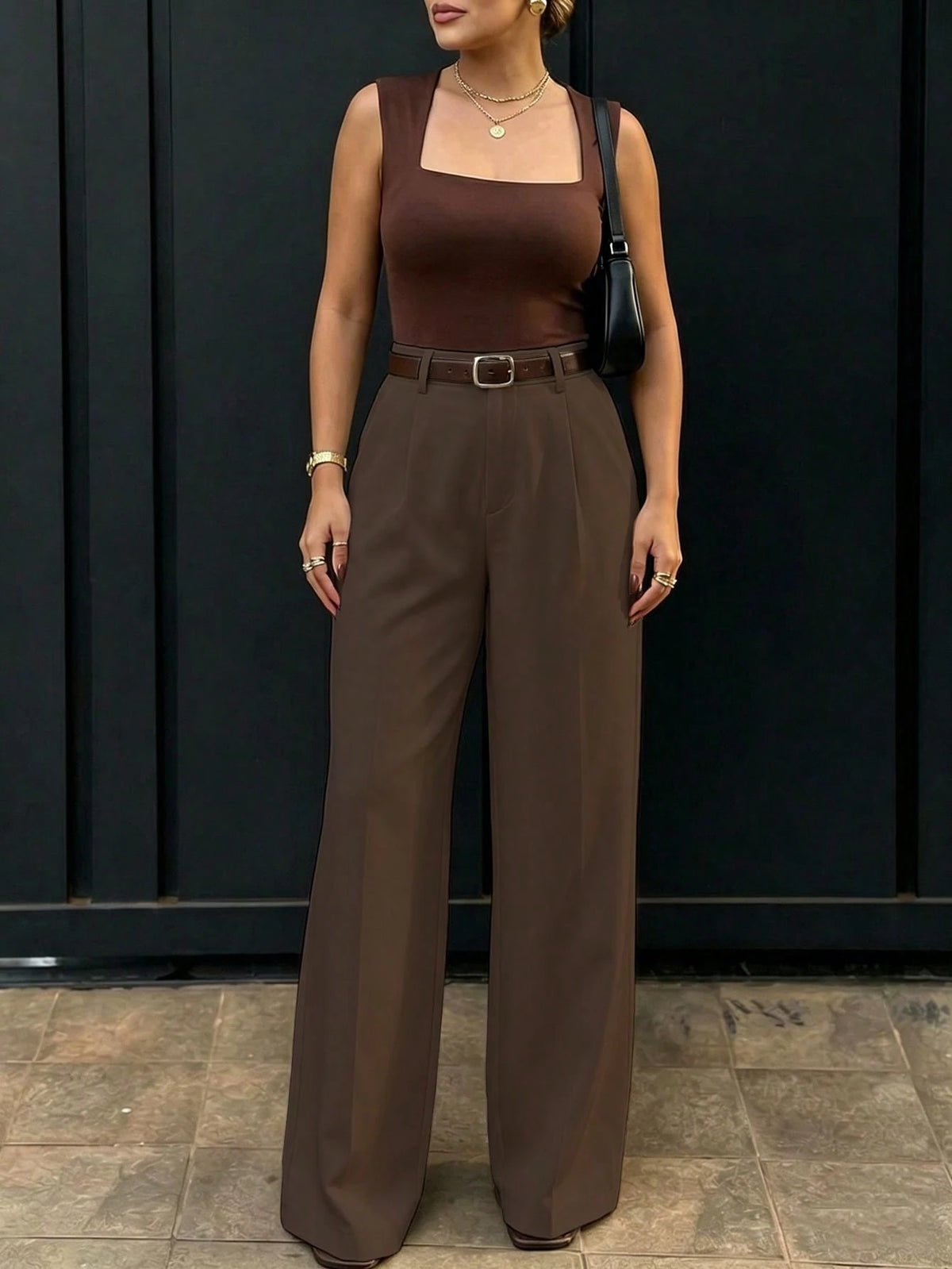 Women's High-Waisted Slim Fit Wide Leg Pants In Coffee Brown, Bohemian Street Style, Suitable For Spring/Summer Daily Wear, Work Commute, Vacation, Fashionable And Elegant (Belt Not Included), Effortl