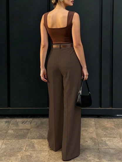 Women's High-Waisted Slim Fit Wide Leg Pants In Coffee Brown, Bohemian Street Style, Suitable For Spring/Summer Daily Wear, Work Commute, Vacation, Fashionable And Elegant (Belt Not Included), Effortl