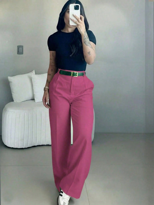 Women's High-Waisted Slim Fit Wide Leg Pants In Fuchsia Pink| Bohemian Street Style| Suitable For Spring/Summer Casual, Work Commute And Vacation (Belt Not Included)