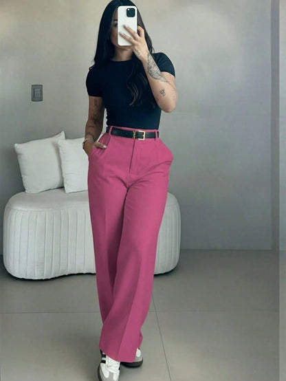 Women's High-Waisted Slim Fit Wide Leg Pants In Fuchsia Pink| Bohemian Street Style| Suitable For Spring/Summer Casual, Work Commute And Vacation (Belt Not Included)