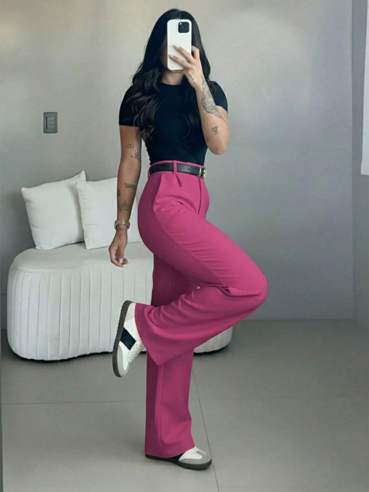 Women's High-Waisted Slim Fit Wide Leg Pants In Fuchsia Pink| Bohemian Street Style| Suitable For Spring/Summer Casual, Work Commute And Vacation (Belt Not Included)