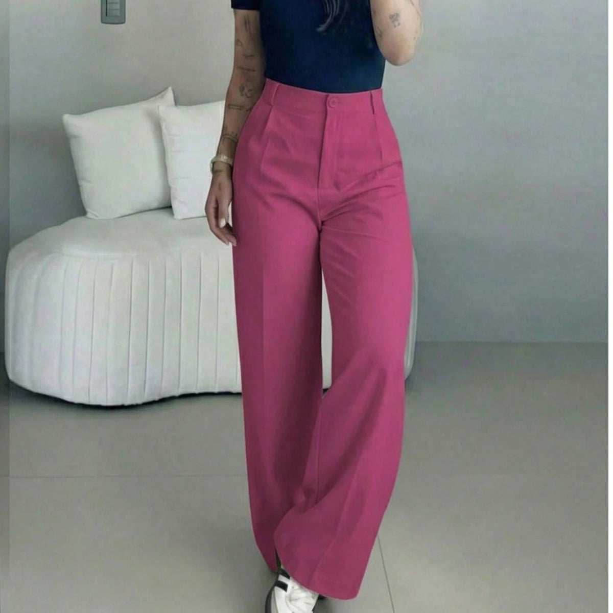 Women's High-Waisted Slim Fit Wide Leg Pants In Fuchsia Pink| Bohemian Street Style| Suitable For Spring/Summer Casual, Work Commute And Vacation (Belt Not Included)