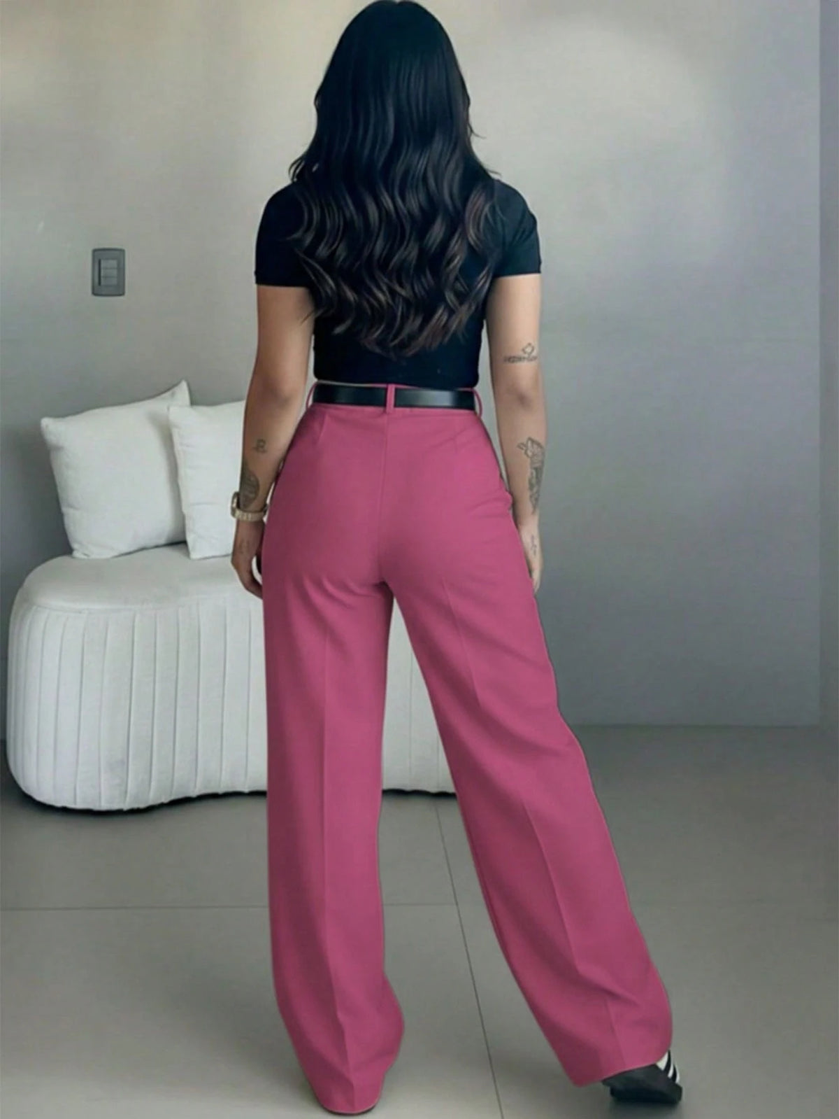 Women's High-Waisted Slim Fit Wide Leg Pants In Fuchsia Pink| Bohemian Street Style| Suitable For Spring/Summer Casual, Work Commute And Vacation (Belt Not Included)