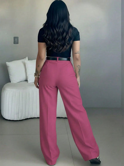 Women's High-Waisted Slim Fit Wide Leg Pants In Fuchsia Pink| Bohemian Street Style| Suitable For Spring/Summer Casual, Work Commute And Vacation (Belt Not Included)
