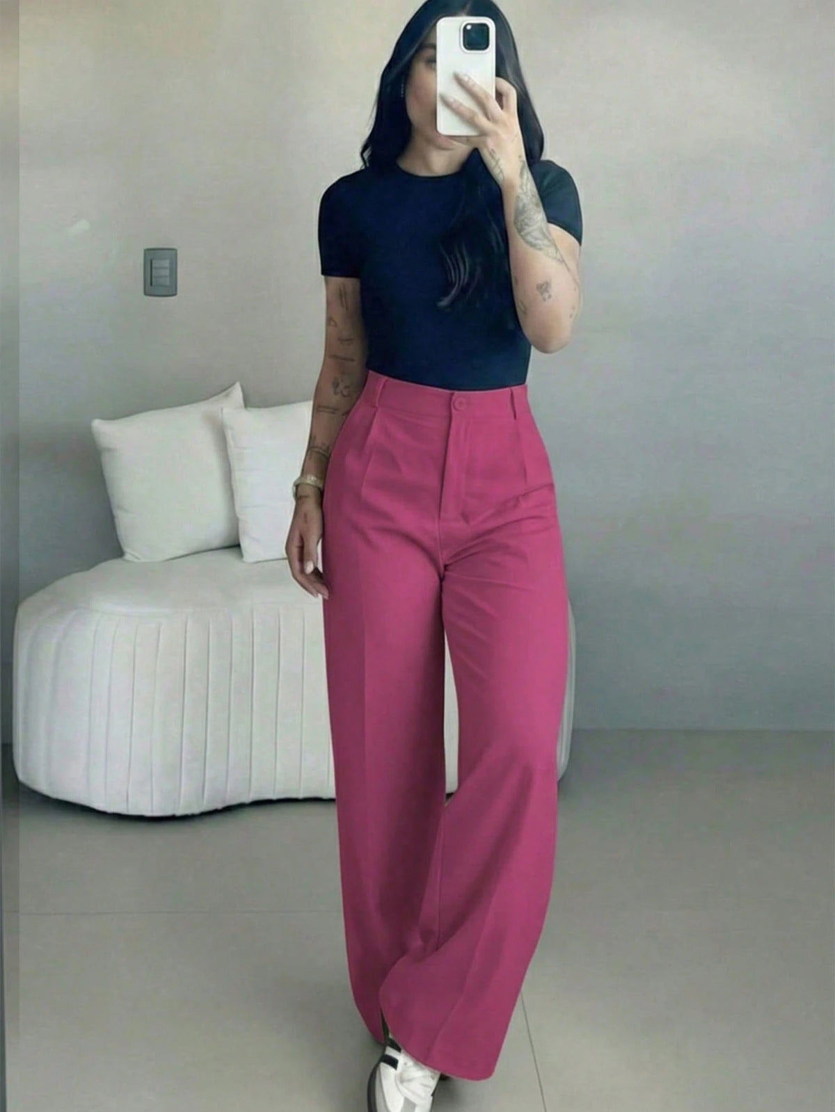 Women's High-Waisted Slim Fit Wide Leg Pants In Fuchsia Pink| Bohemian Street Style| Suitable For Spring/Summer Casual, Work Commute And Vacation (Belt Not Included)