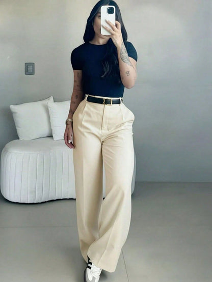 Women's High-Waisted Slim Fit Wide Leg Pants In Fuchsia Pink| Bohemian Street Style| Suitable For Spring/Summer Casual, Work Commute And Vacation (Belt Not Included)