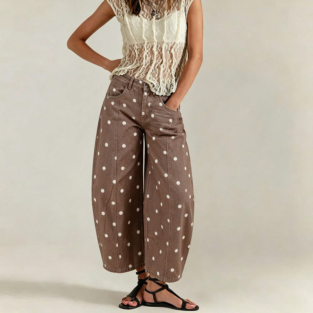 Women's Jeans Preppy Denim Barrel Capri Fit Leisure Holiday All Over White Polka Dot Print Seam Detail