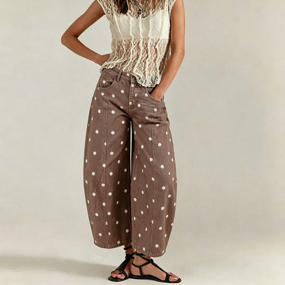 Women's Jeans Preppy Denim Barrel Capri Fit Leisure Holiday All Over White Polka Dot Print Seam Detail