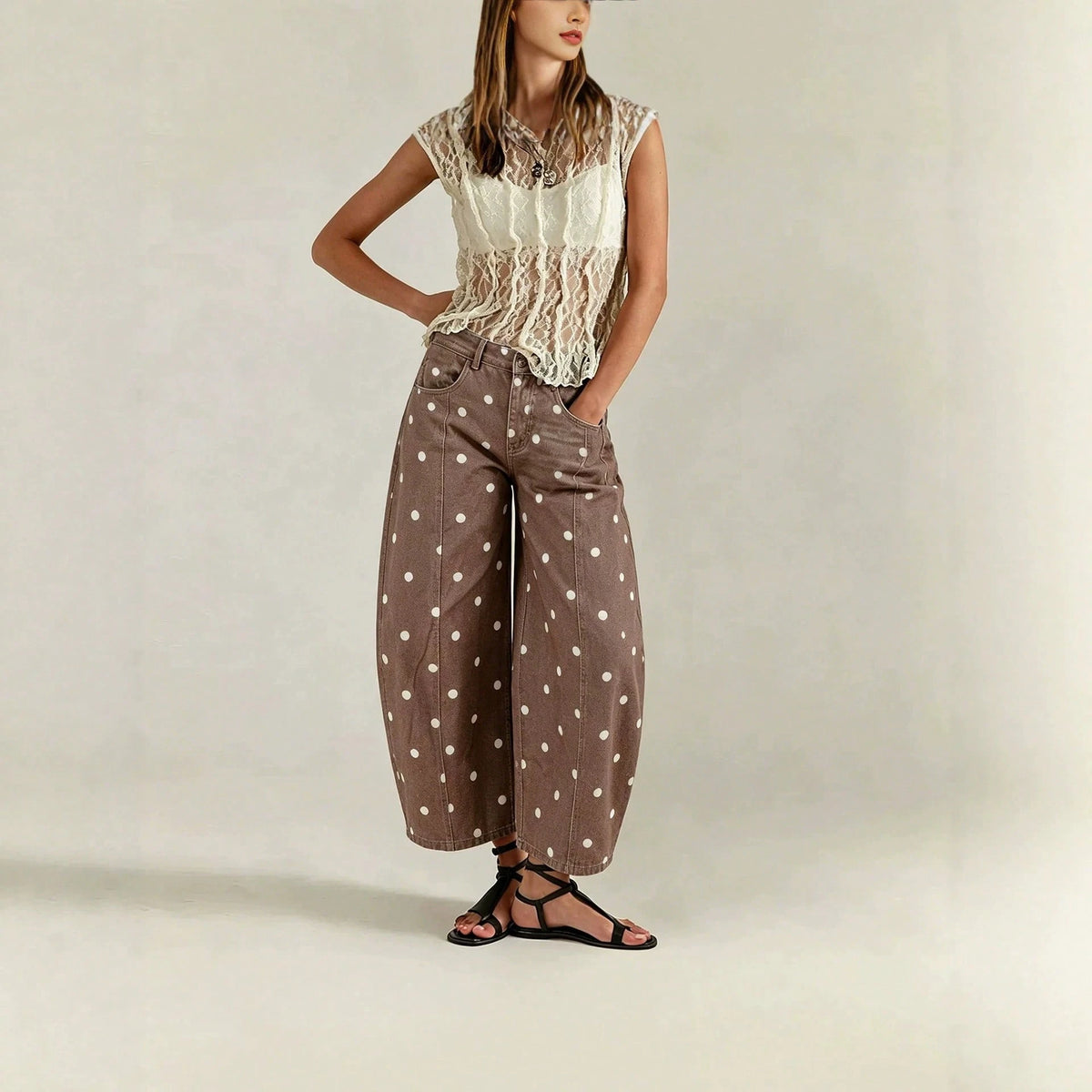 Women's Jeans Preppy Denim Barrel Capri Fit Leisure Holiday All Over White Polka Dot Print Seam Detail