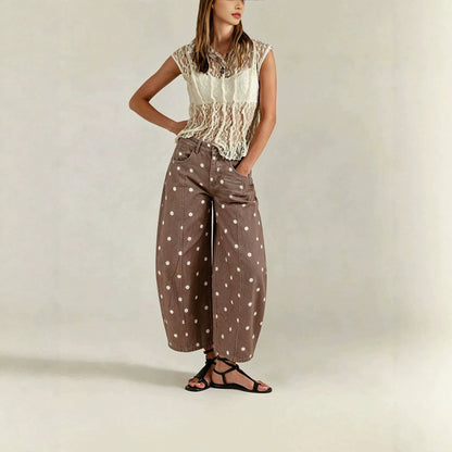 Women's Jeans Preppy Denim Barrel Capri Fit Leisure Holiday All Over White Polka Dot Print Seam Detail