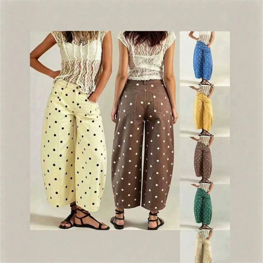 Women's Jeans Preppy Denim Barrel Capri Fit Leisure Holiday All Over White Polka Dot Print Seam Detail