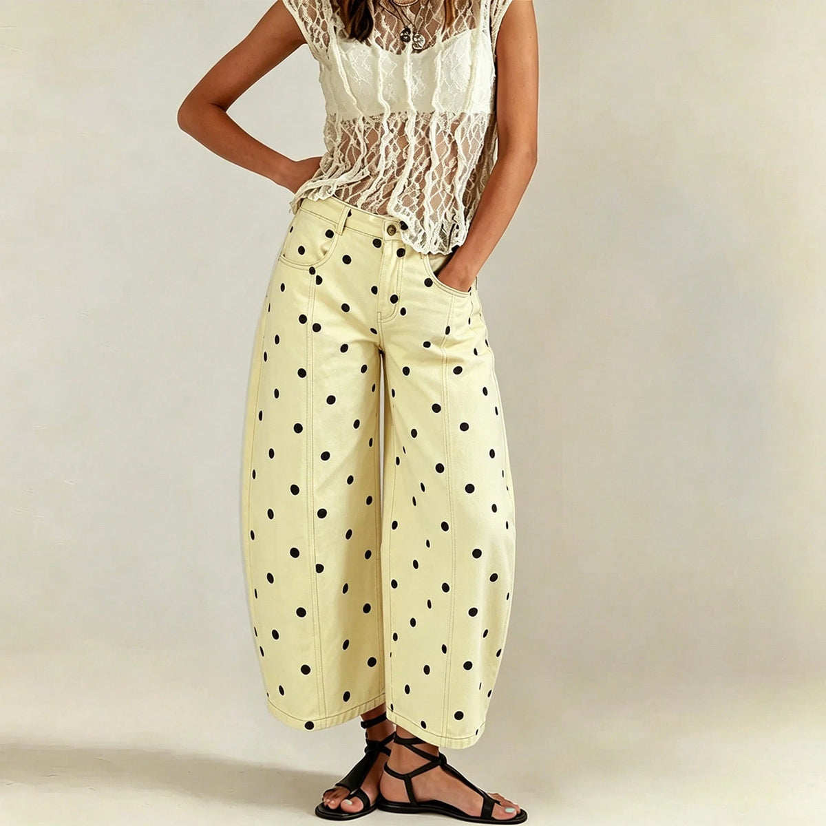 Women's Jeans Preppy Denim Barrel Capri Fit Leisure Holiday All Over White Polka Dot Print Seam Detail