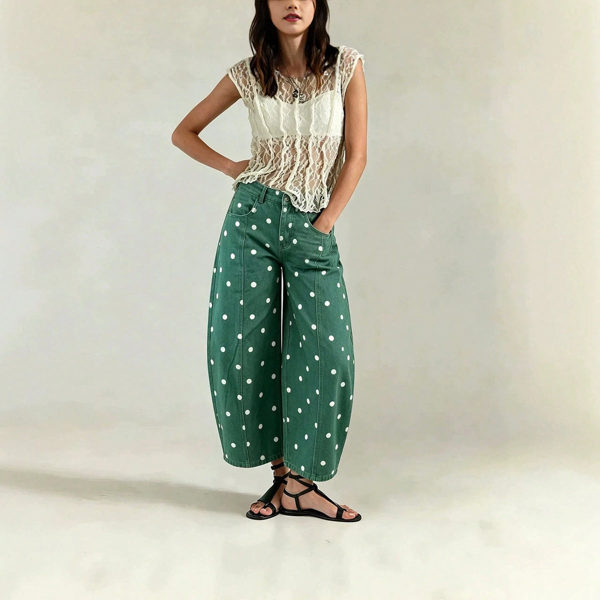 Women's Jeans Preppy Denim Barrel Capri Fit Leisure Holiday All Over White Polka Dot Print Seam Detail