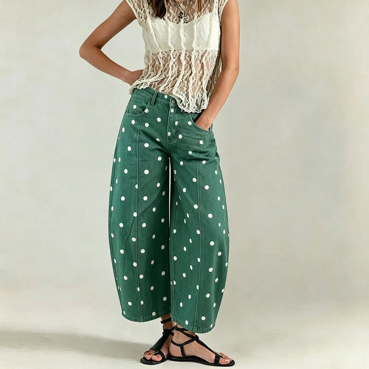 Women's Jeans Preppy Denim Barrel Capri Fit Leisure Holiday All Over White Polka Dot Print Seam Detail