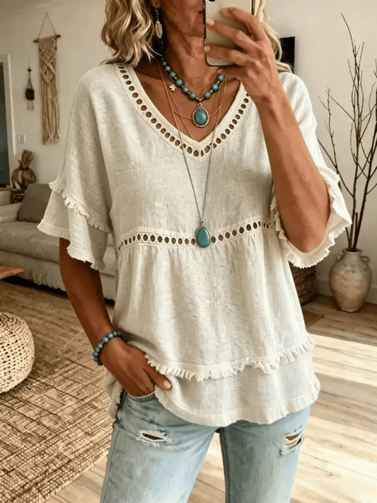 Women's Linen Blend Eyelet & Fringe Trim Blouse, V-Neck Short Sleeve Casual Top