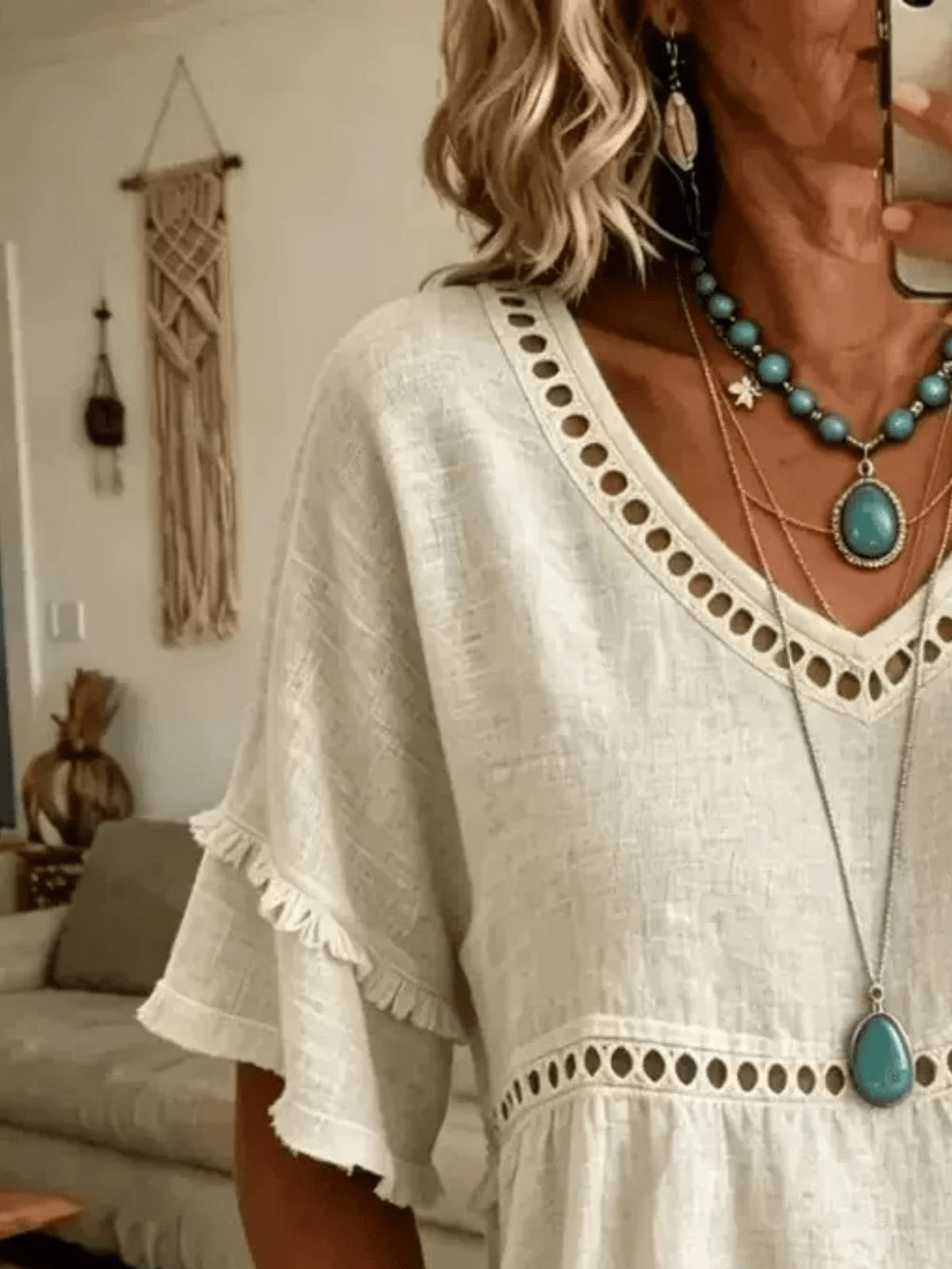 Women's Linen Blend Eyelet & Fringe Trim Blouse, V-Neck Short Sleeve Casual Top