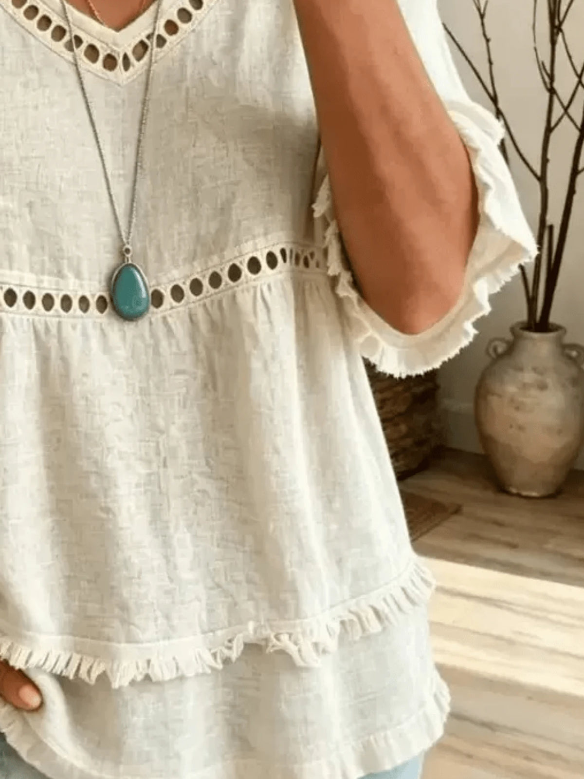 Women's Linen Blend Eyelet & Fringe Trim Blouse, V-Neck Short Sleeve Casual Top