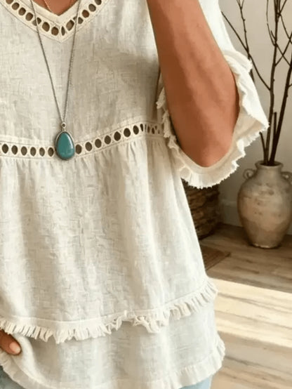 Women's Linen Blend Eyelet & Fringe Trim Blouse, V-Neck Short Sleeve Casual Top
