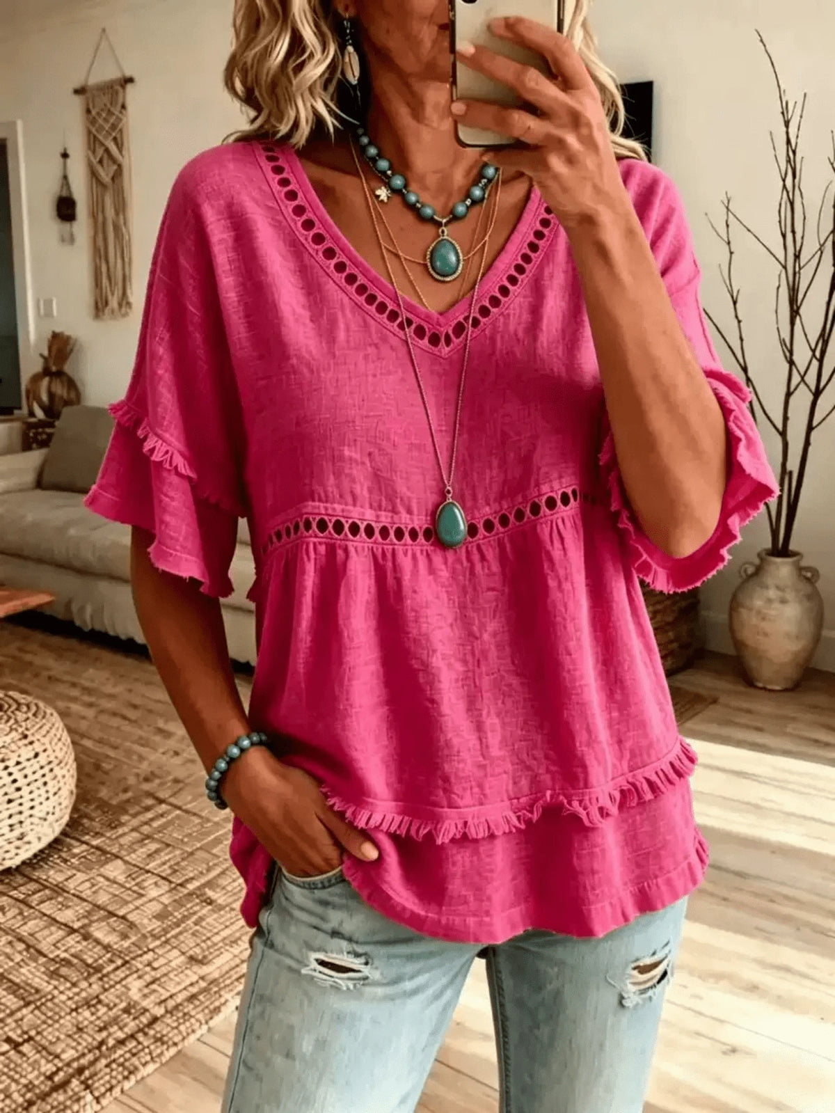 Women's Linen Blend Eyelet & Fringe Trim Blouse, V-Neck Short Sleeve Casual Top