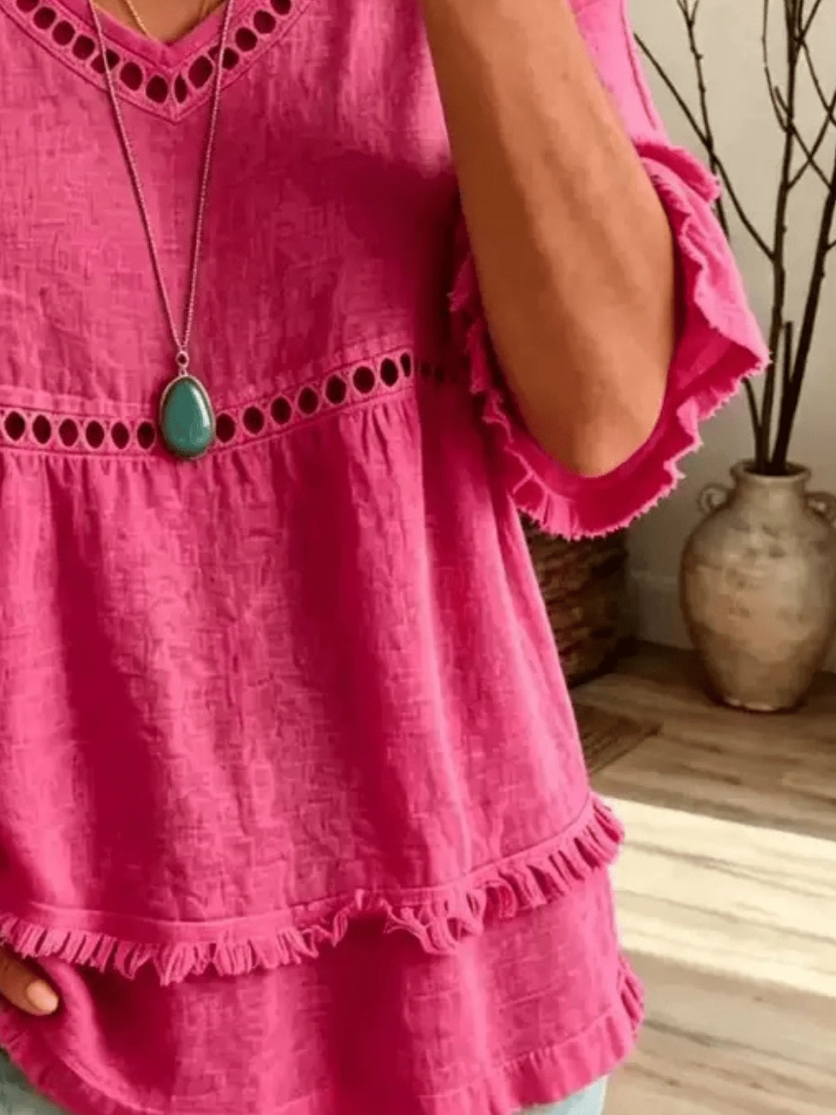 Women's Linen Blend Eyelet & Fringe Trim Blouse, V-Neck Short Sleeve Casual Top