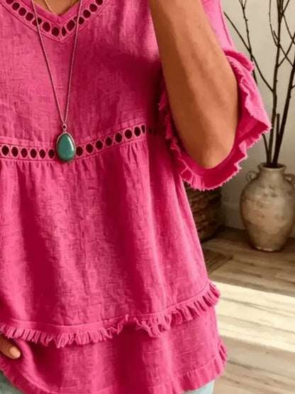 Women's Linen Blend Eyelet & Fringe Trim Blouse, V-Neck Short Sleeve Casual Top