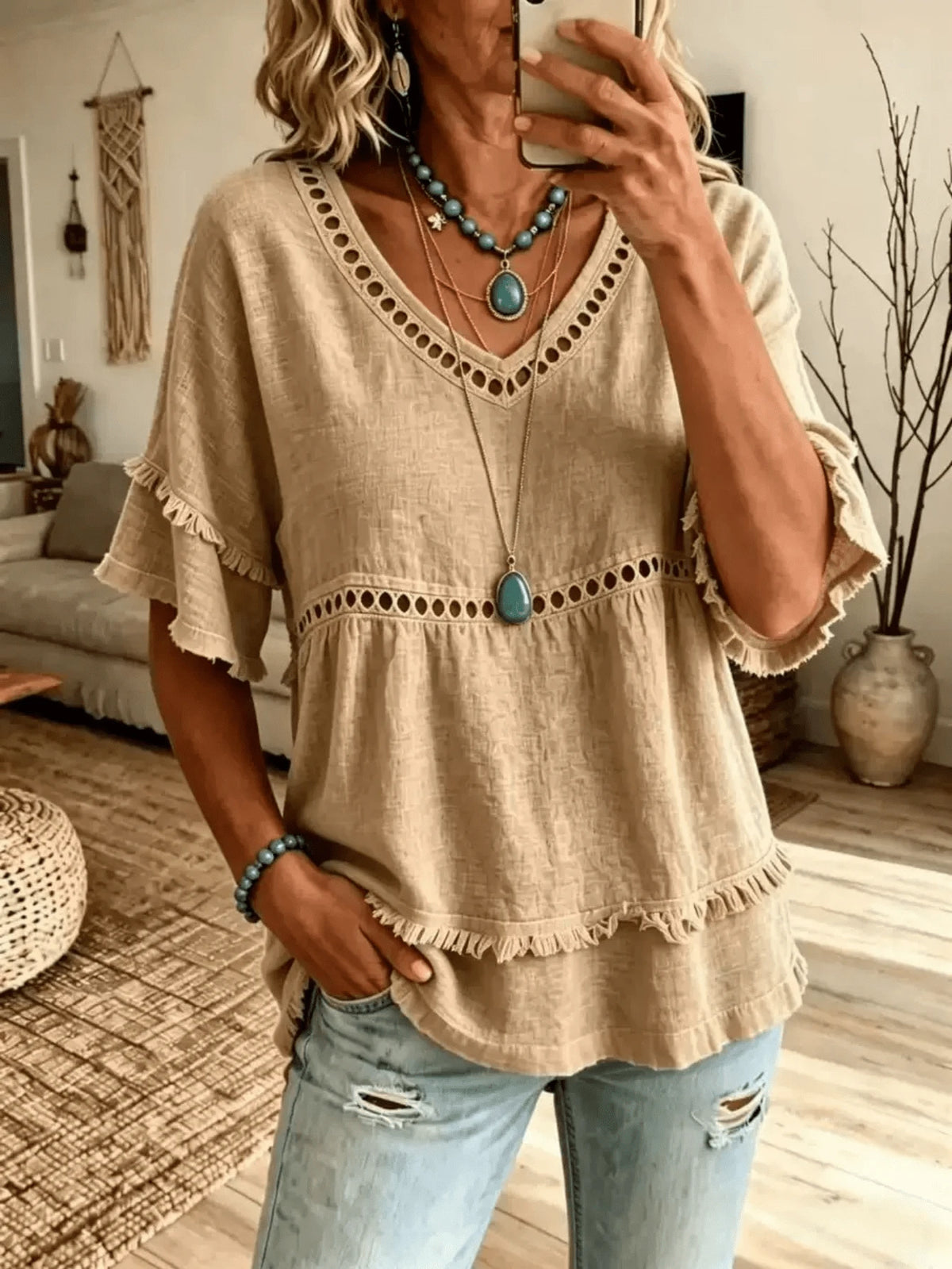 Women's Linen Blend Eyelet & Fringe Trim Blouse, V-Neck Short Sleeve Casual Top