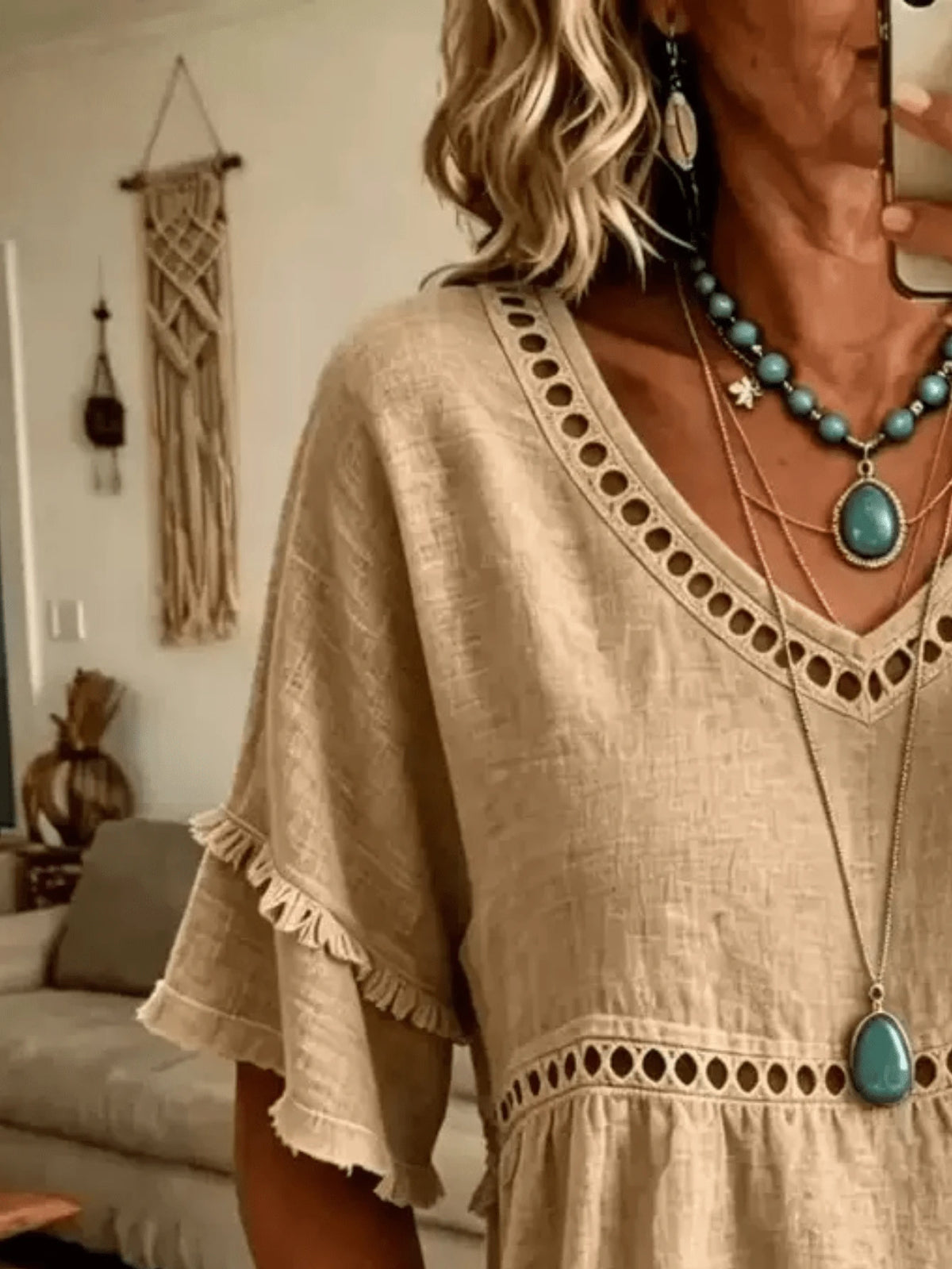 Women's Linen Blend Eyelet & Fringe Trim Blouse, V-Neck Short Sleeve Casual Top