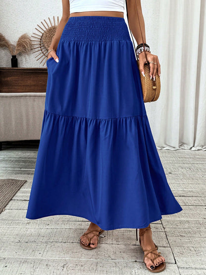 Women's Long Ditsy Floral Skirt, Casual Elastic Waist With Pockets, Ruffle Hem, A-Line Skirt For Summer Spring