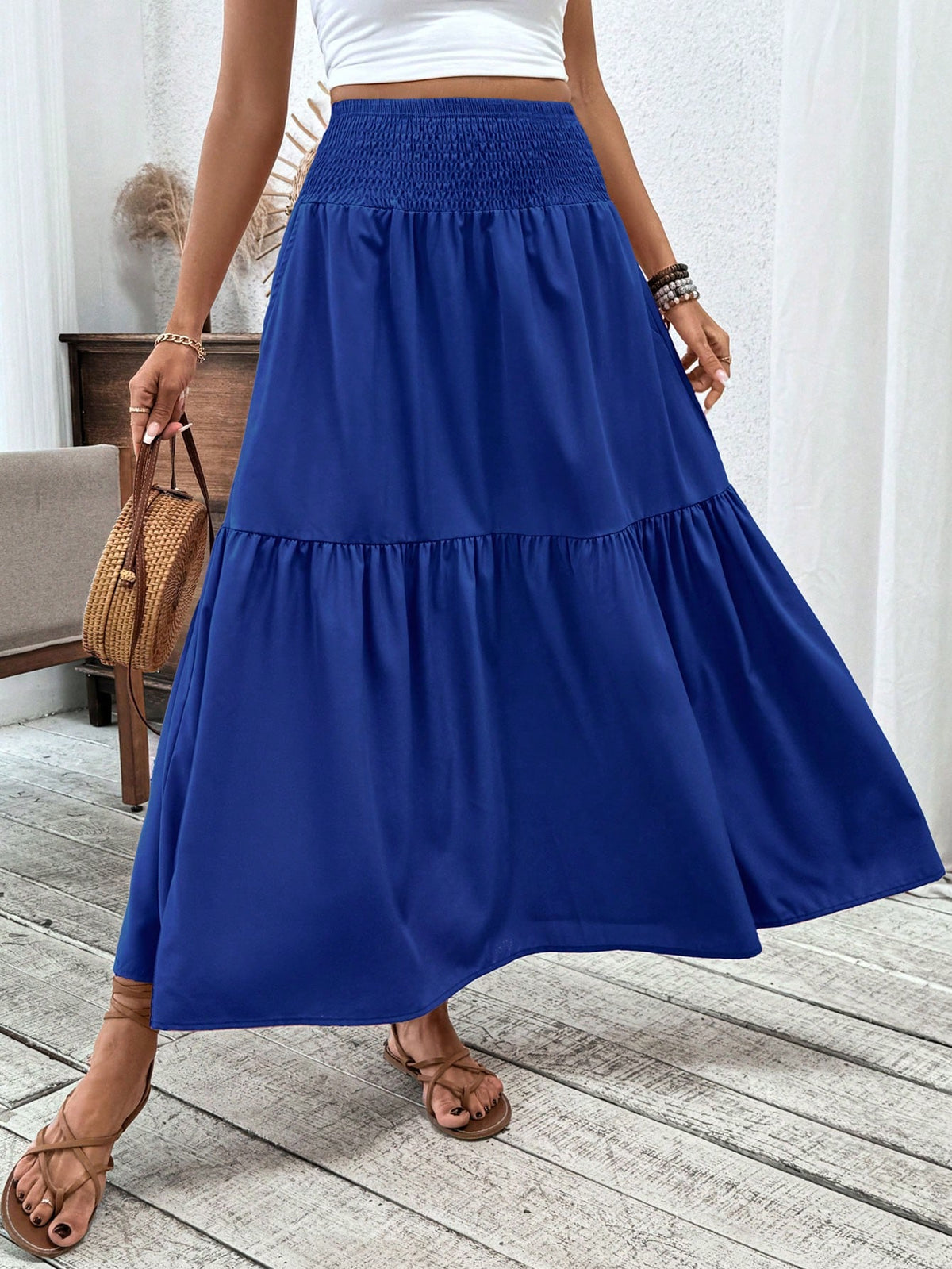 Women's Long Ditsy Floral Skirt, Casual Elastic Waist With Pockets, Ruffle Hem, A-Line Skirt For Summer Spring