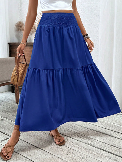 Women's Long Ditsy Floral Skirt, Casual Elastic Waist With Pockets, Ruffle Hem, A-Line Skirt For Summer Spring