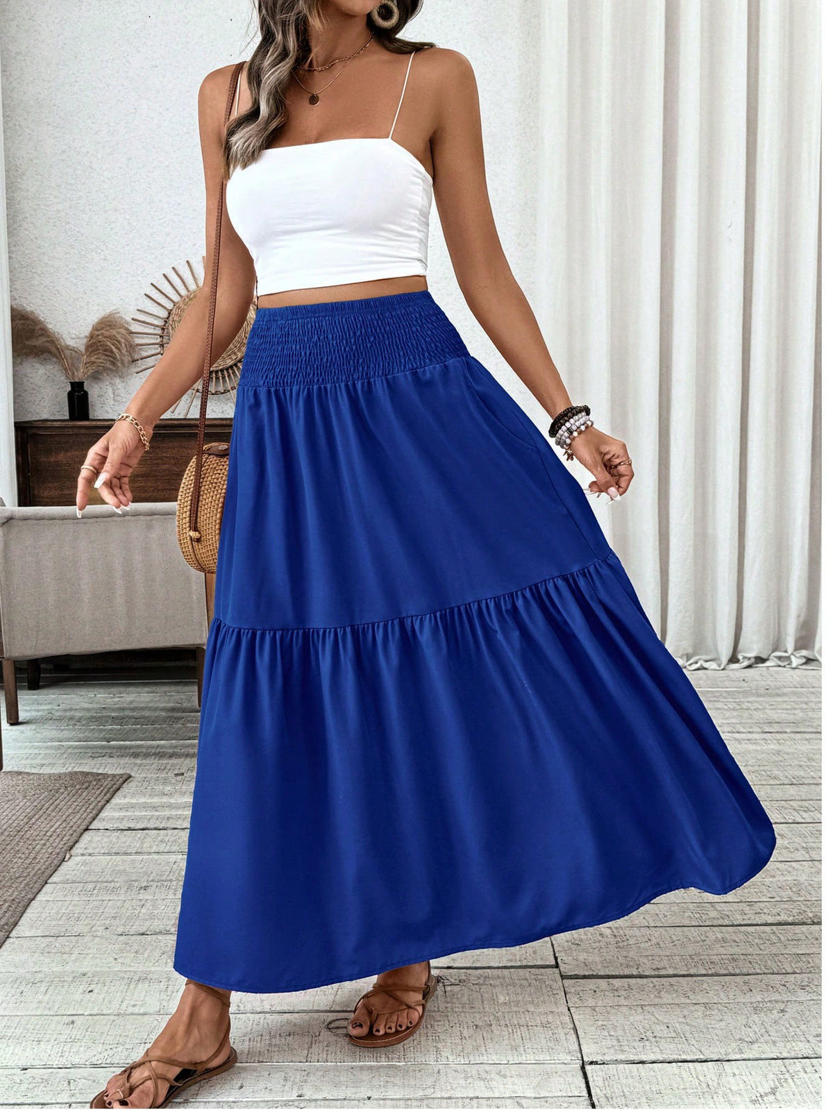 Women's Long Ditsy Floral Skirt, Casual Elastic Waist With Pockets, Ruffle Hem, A-Line Skirt For Summer Spring