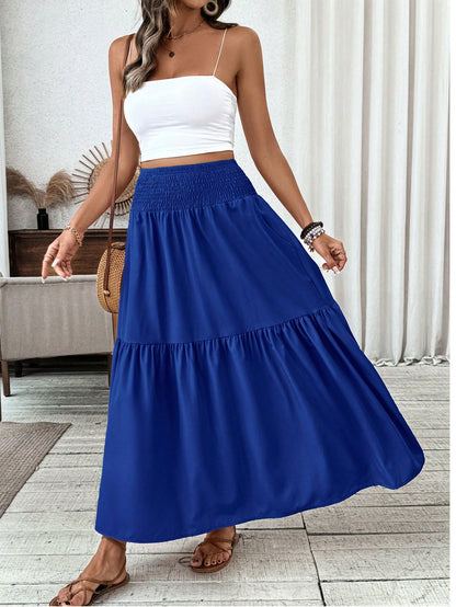 Women's Long Ditsy Floral Skirt, Casual Elastic Waist With Pockets, Ruffle Hem, A-Line Skirt For Summer Spring