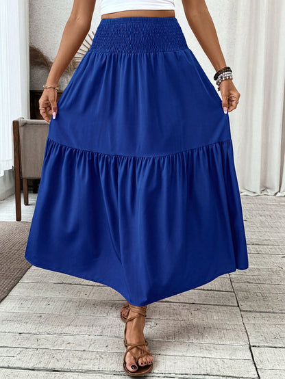 Women's Long Ditsy Floral Skirt, Casual Elastic Waist With Pockets, Ruffle Hem, A-Line Skirt For Summer Spring
