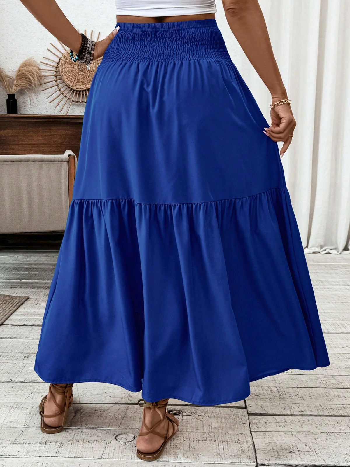 Women's Long Ditsy Floral Skirt, Casual Elastic Waist With Pockets, Ruffle Hem, A-Line Skirt For Summer Spring