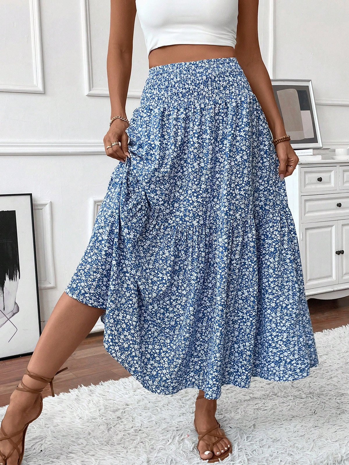 Women's Long Ditsy Floral Skirt, Casual Elastic Waist With Pockets, Ruffle Hem, A-Line Skirt For Summer Spring