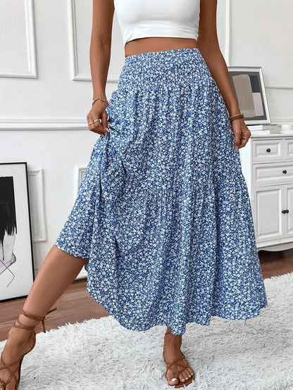 Women's Long Ditsy Floral Skirt, Casual Elastic Waist With Pockets, Ruffle Hem, A-Line Skirt For Summer Spring