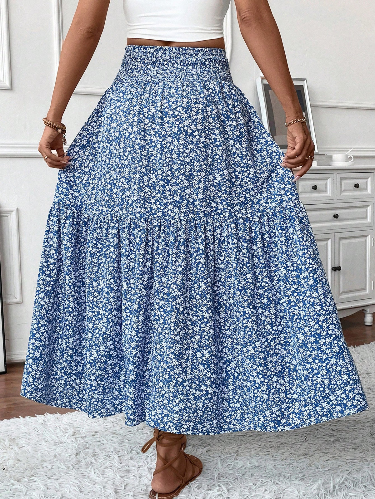 Women's Long Ditsy Floral Skirt, Casual Elastic Waist With Pockets, Ruffle Hem, A-Line Skirt For Summer Spring