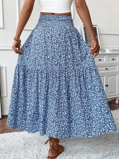 Women's Long Ditsy Floral Skirt, Casual Elastic Waist With Pockets, Ruffle Hem, A-Line Skirt For Summer Spring