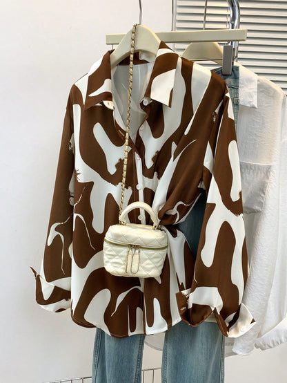 Women's Long Sleeve Abstract Print Shirt Collar Design Blouse, Suitable For Various Occasions Spring Brown