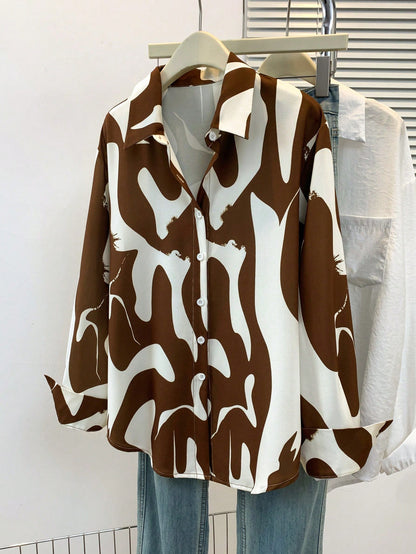 Women's Long Sleeve Abstract Print Shirt Collar Design Blouse, Suitable For Various Occasions Spring Brown