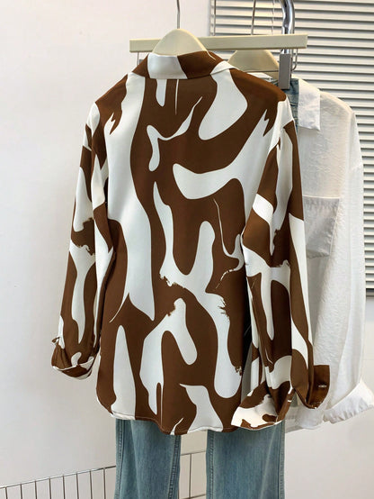 Women's Long Sleeve Abstract Print Shirt Collar Design Blouse, Suitable For Various Occasions Spring Brown