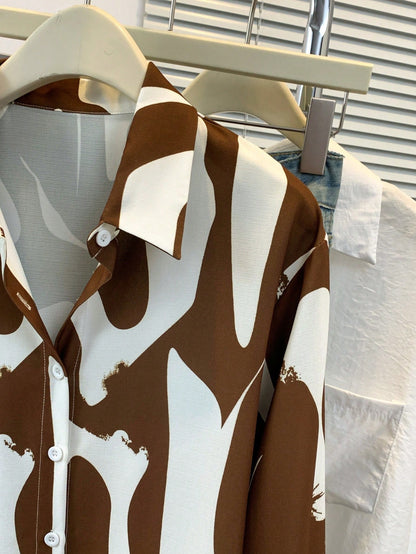 Women's Long Sleeve Abstract Print Shirt Collar Design Blouse, Suitable For Various Occasions Spring Brown