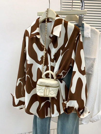 Women's Long Sleeve Abstract Print Shirt Collar Design Blouse, Suitable For Various Occasions Spring Brown