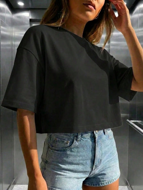 Women's Loose Round Neck Short Sleeve Casual Top Black Summer