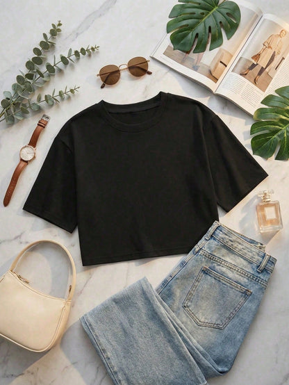 Women's Loose Round Neck Short Sleeve Casual Top Black Summer