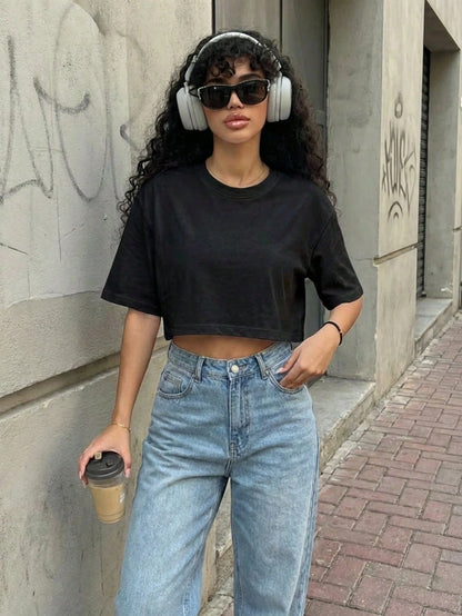 Women's Loose Round Neck Short Sleeve Casual Top Black Summer
