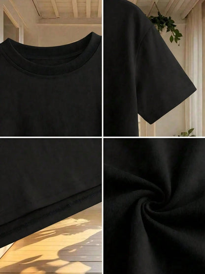 Women's Loose Round Neck Short Sleeve Casual Top Black Summer