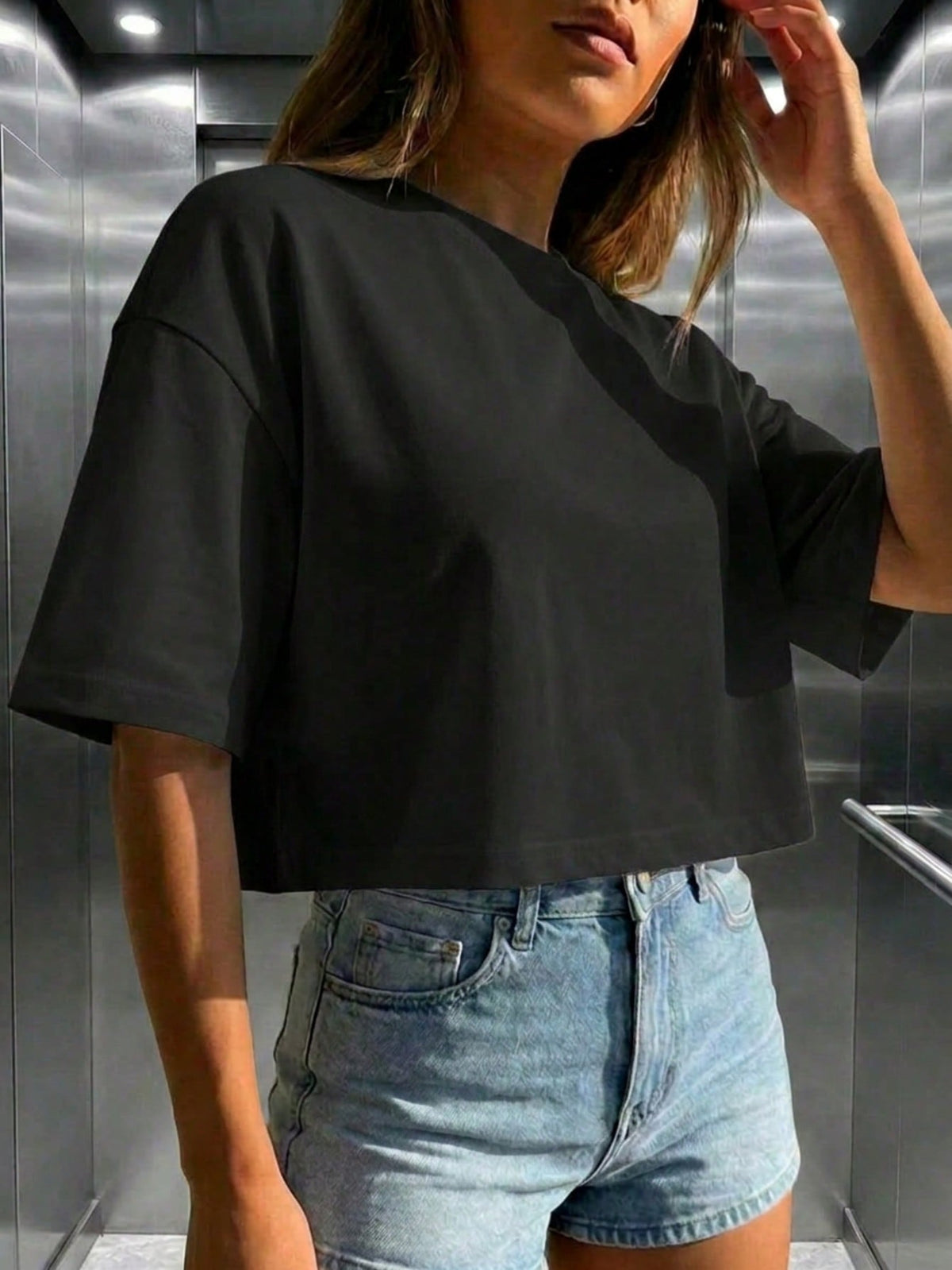 Women's Loose Round Neck Short Sleeve Casual Top Black Summer