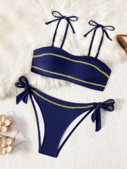 Women's Navy Blue 2026 Lucky Girl Series Strapless Yellow Bud Crafted Elegant Spaghetti Strap Minimalist Sexy Bikini Two Pieces Swimwear Set, Beach Casual & Holiday High Elasticity Swimwear Side Tie S