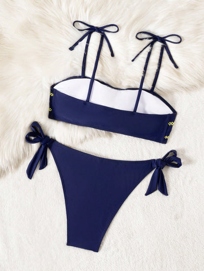 Women's Navy Blue 2026 Lucky Girl Series Strapless Yellow Bud Crafted Elegant Spaghetti Strap Minimalist Sexy Bikini Two Pieces Swimwear Set, Beach Casual & Holiday High Elasticity Swimwear Side Tie S